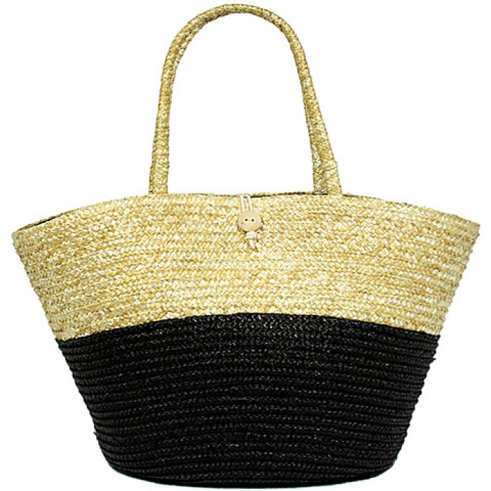 Straw Tote: Woven Wheat Straw Tote - 2 Tones - Black - BG-R11053BK